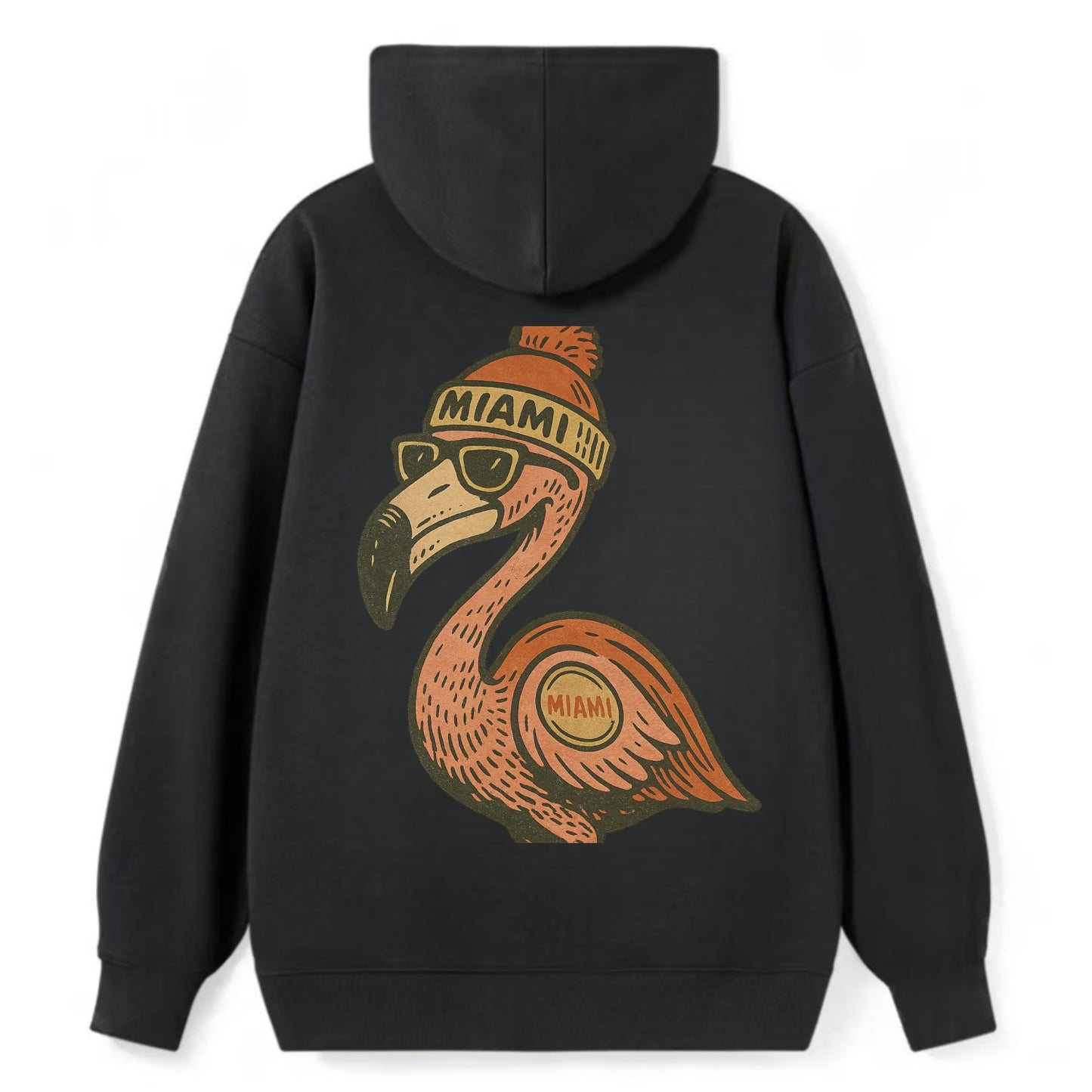 Miami Flamingo wearing Miami beanie with pom pom and wayfarer sunglasses - Classic Pullover Hoodie - Black