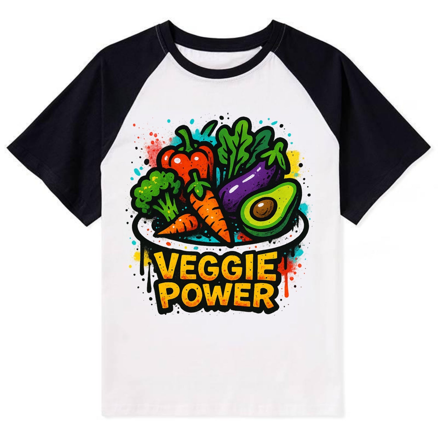 Colorful vegetables and plants on plate - plant-based lifestyle, veggie - Contrast Raglan T-shirt - Black