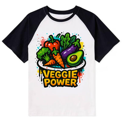 Colorful vegetables and plants on plate - plant-based lifestyle, veggie - Contrast Raglan T-shirt - Black