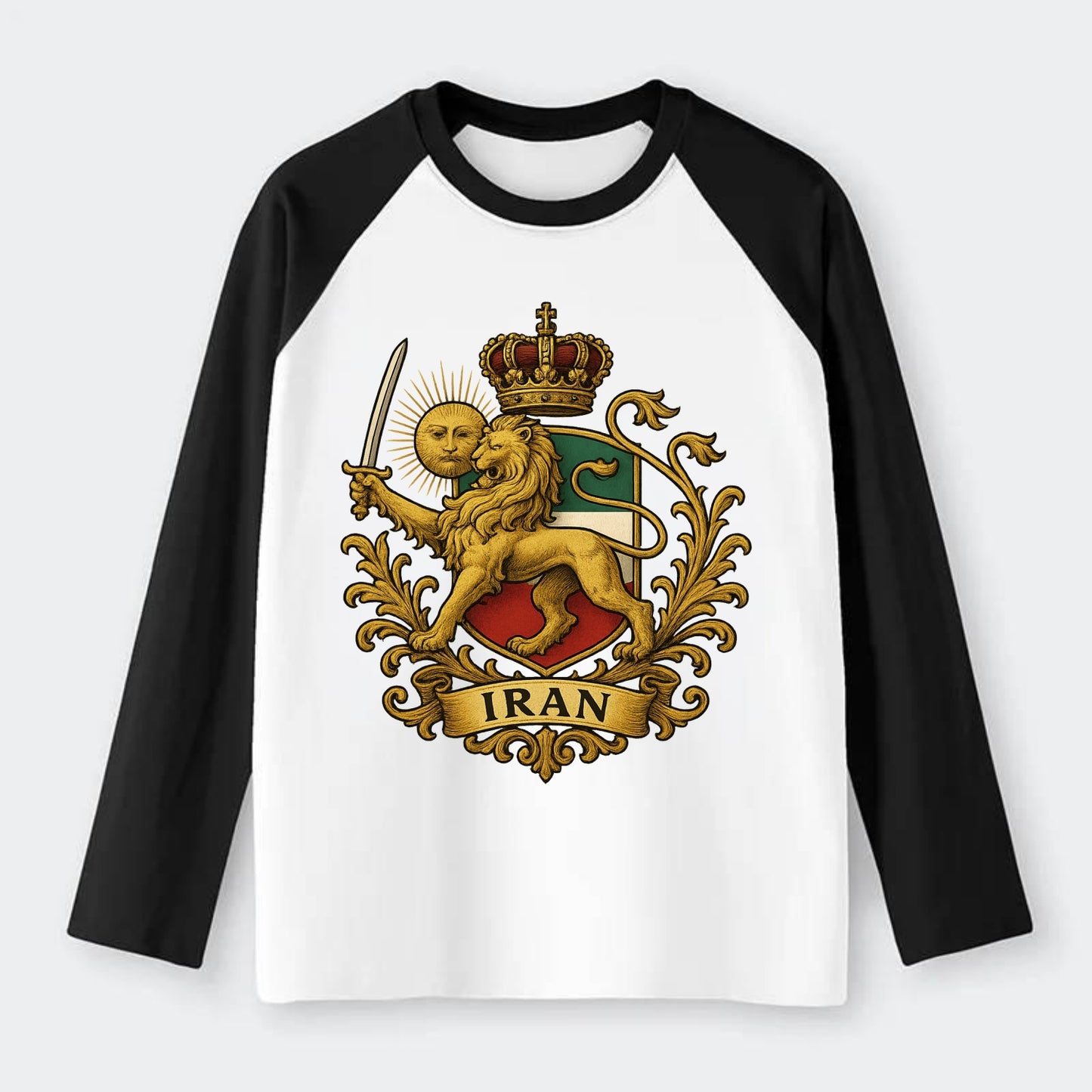 Royal Iran Coat Of Arms - Raglan Long Sleeve T-Shirt - Black