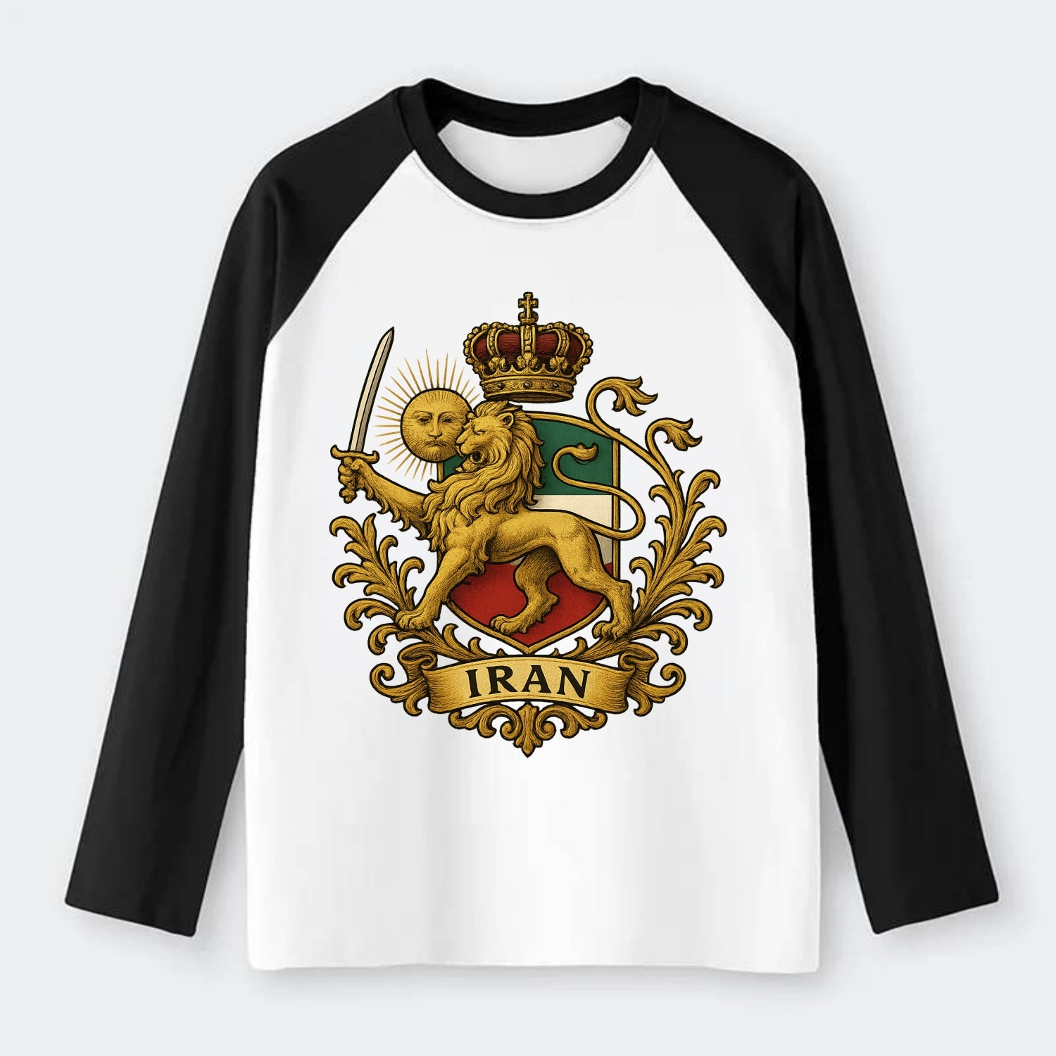 Royal Iran Coat Of Arms - Raglan Long Sleeve T-Shirt - Black