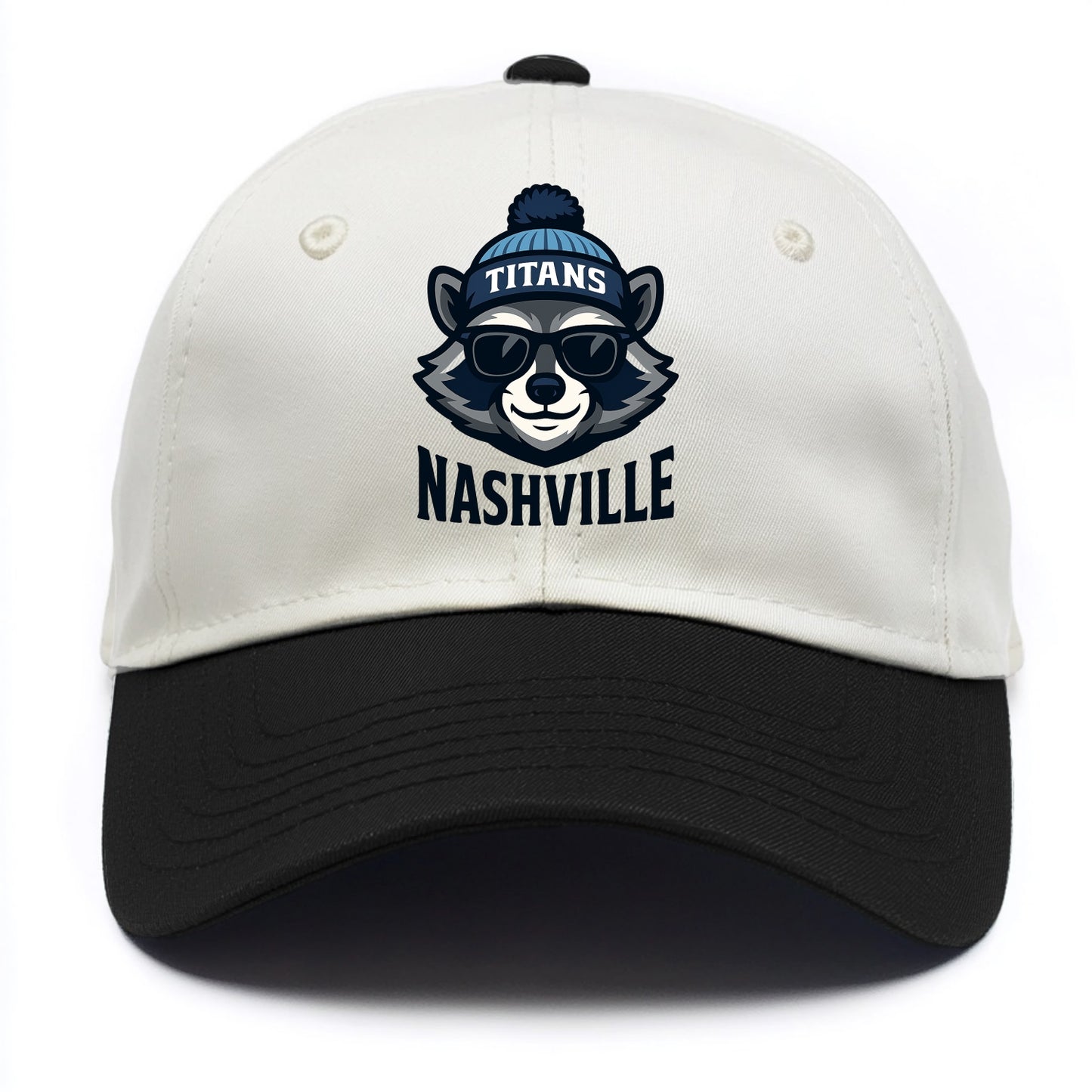 Nashville Raccoon wearing Titans navy and light blue beanie with pom pom and - Two Tone Cap - Black