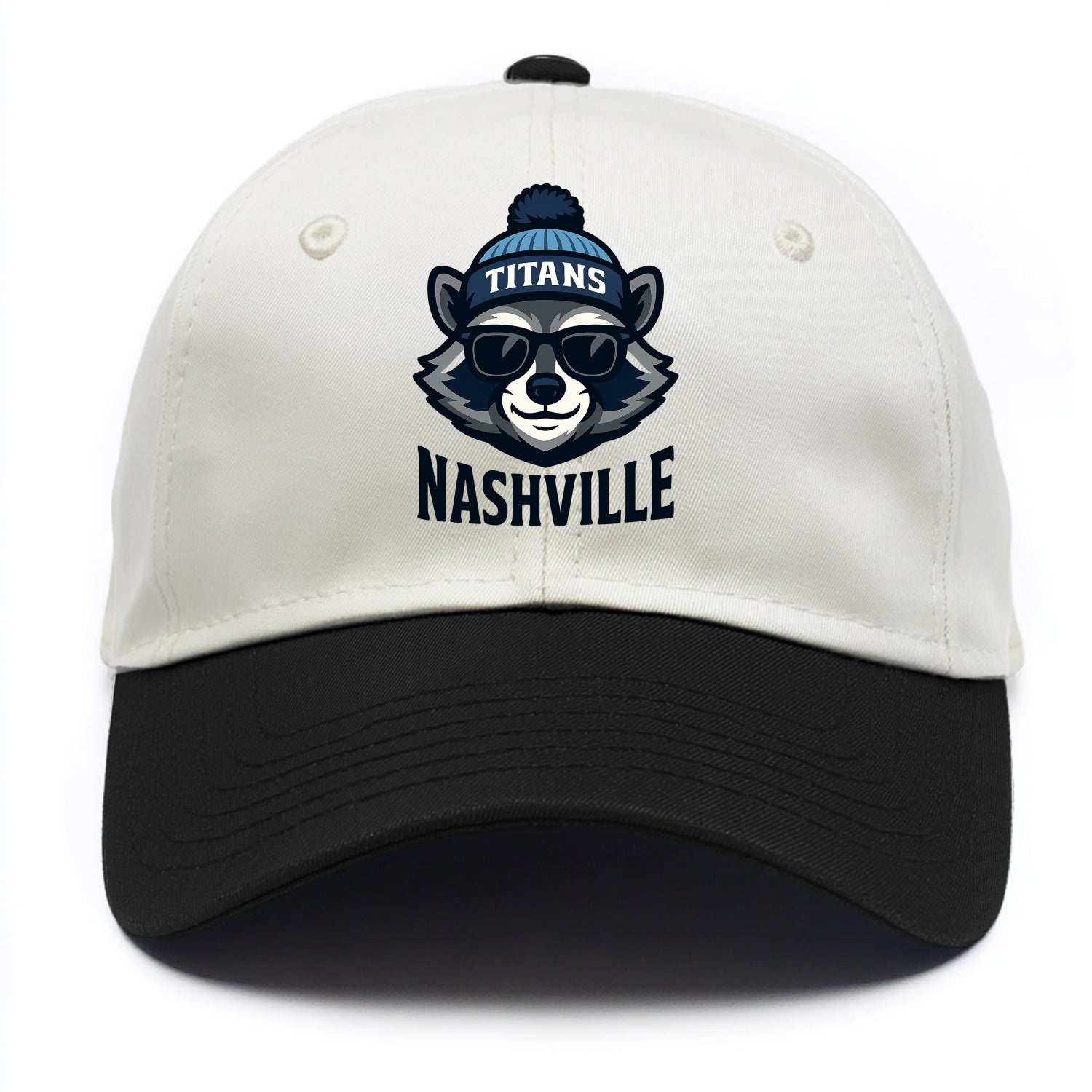 Nashville Raccoon wearing Titans navy and light blue beanie with pom pom and - Two Tone Cap - Black
