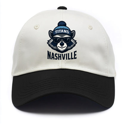 Nashville Raccoon wearing Titans navy and light blue beanie with pom pom and - Two Tone Cap - Black