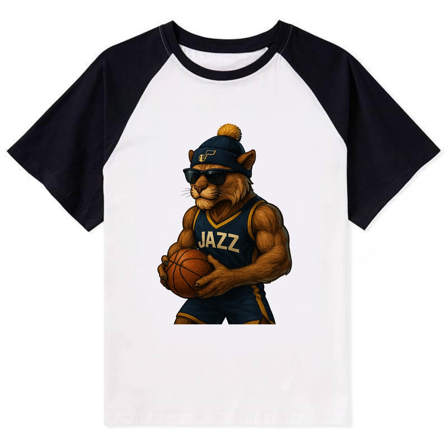 Utah Mountain Lion wearing Jazz navy and yellow beanie with music note - Contrast Raglan T-shirt - Black