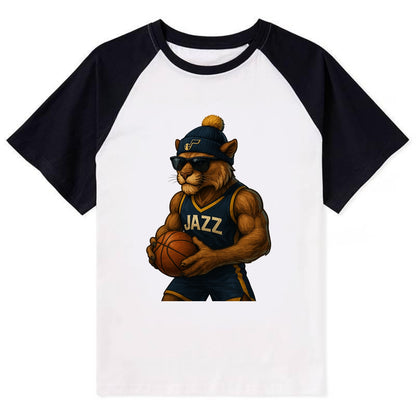 Utah Mountain Lion wearing Jazz navy and yellow beanie with music note - Contrast Raglan T-shirt - Black