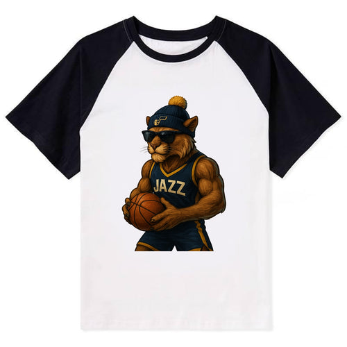 Utah Mountain Lion wearing Jazz navy and yellow beanie with music note - Contrast Raglan T-shirt