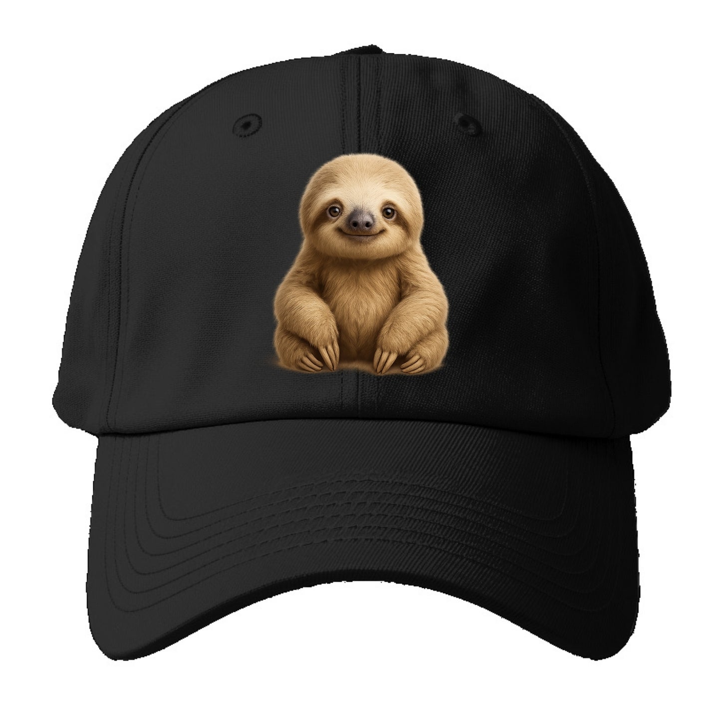 Baby Sloth - tan fur, long arms, peaceful smile, gentle eyes, front-facing, zen - Baseball Cap - Black