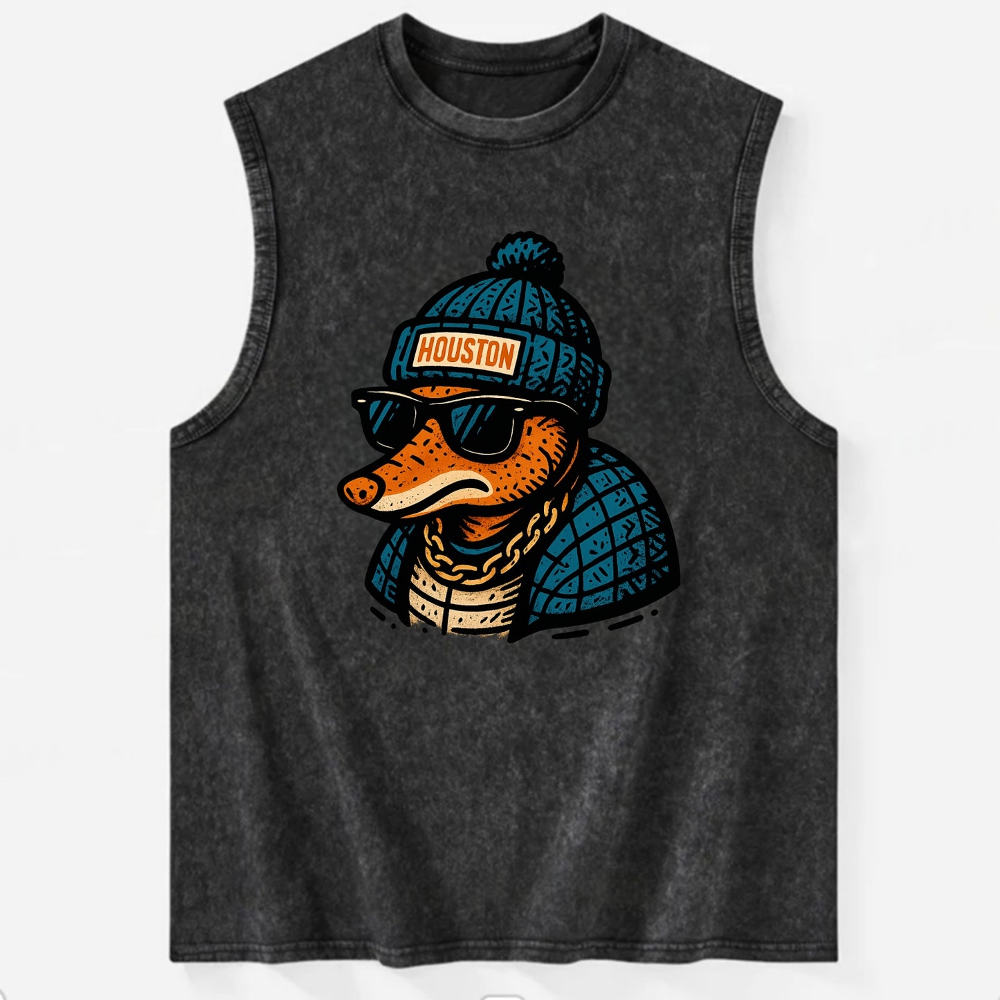 Houston Armadillo wearing Houston beanie with pom pom and wayfarer sunglasses - Vintage Washed Tank - Black