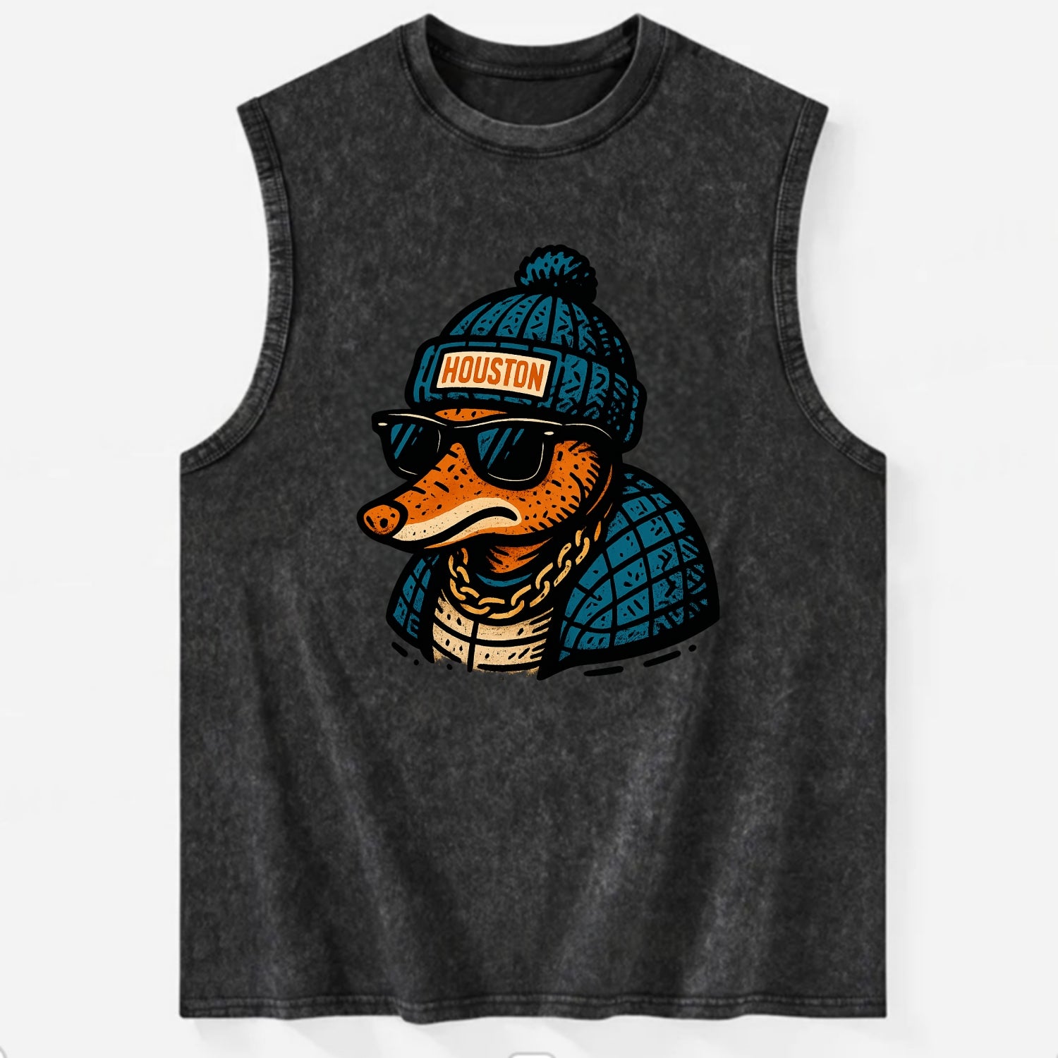 Houston Armadillo wearing Houston beanie with pom pom and wayfarer sunglasses - Vintage Washed Tank - Black