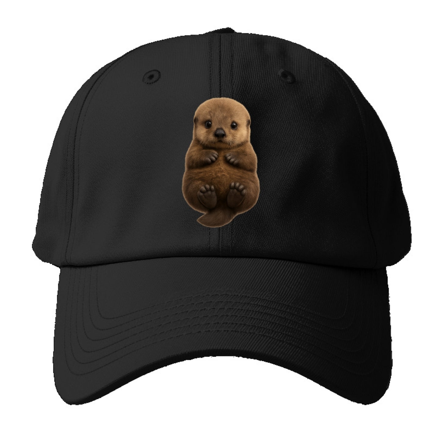Baby Sea Otter - brown fluffy, floating on back, tiny paws, bright - Baseball Cap For Big Heads - Black