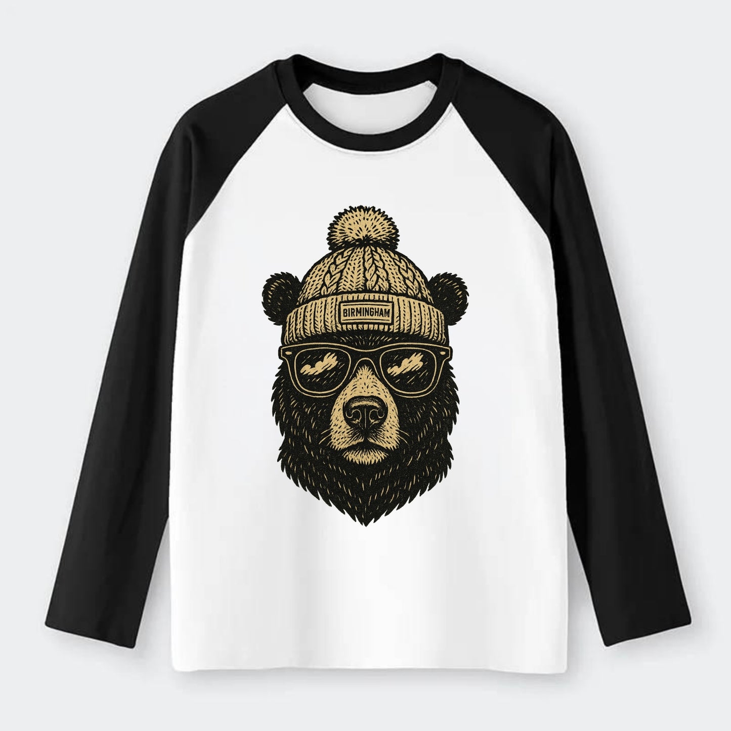 Alabama Black Bear wearing Birmingham beanie with pom pom and wayfarer - Raglan Long Sleeve T-Shirt - Black