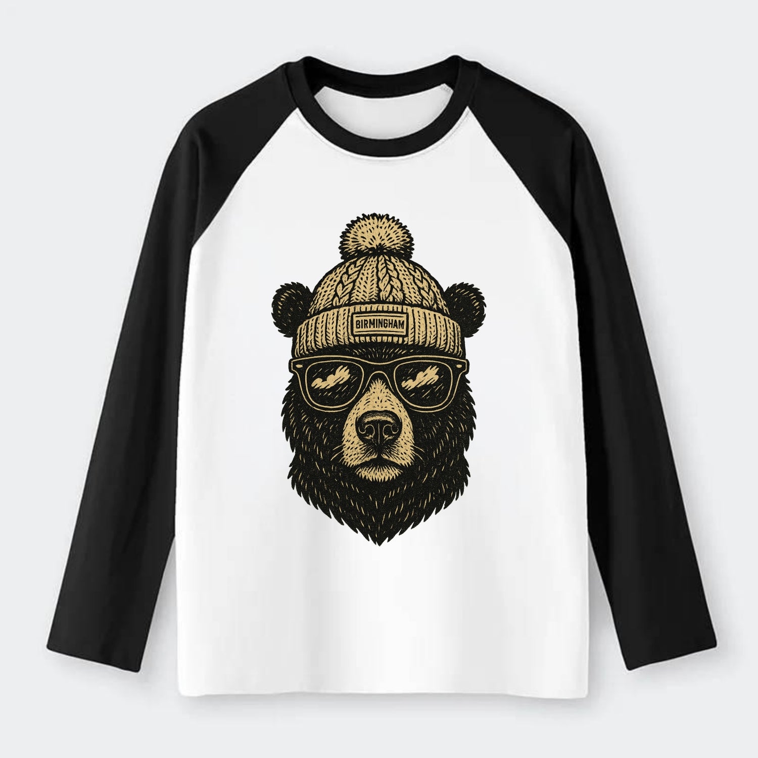 Alabama Black Bear wearing Birmingham beanie with pom pom and wayfarer - Raglan Long Sleeve T-Shirt - Black