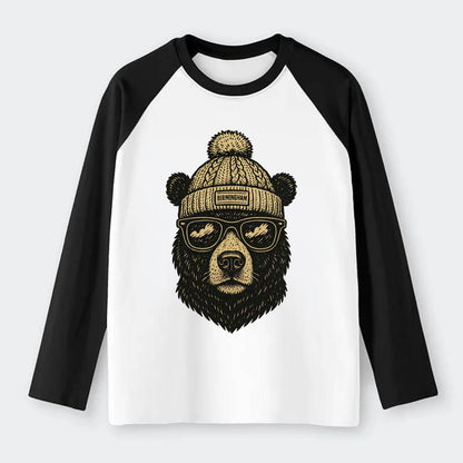 Alabama Black Bear wearing Birmingham beanie with pom pom and wayfarer - Raglan Long Sleeve T-Shirt - Black