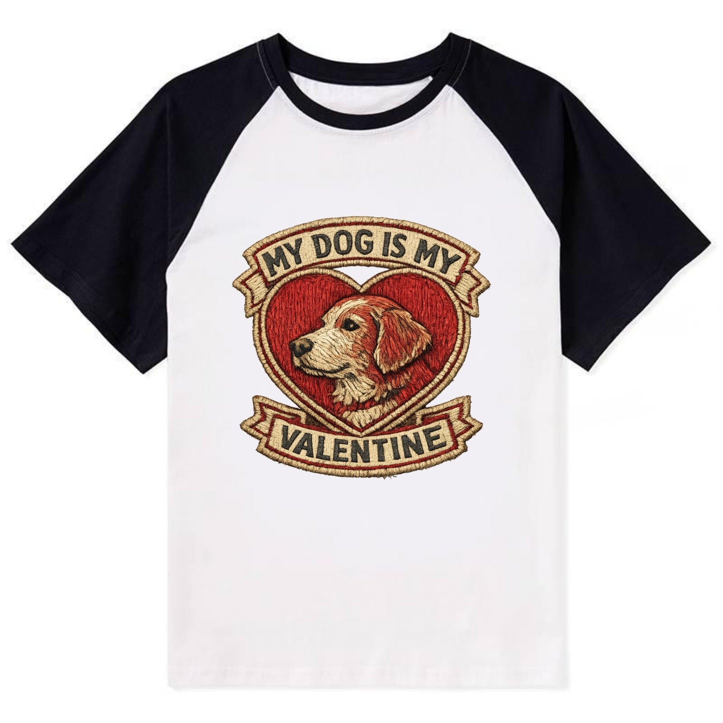 MY DOG IS MY VALENTINE - heart with dog in red , single pet owner - Contrast Raglan T-shirt - Black