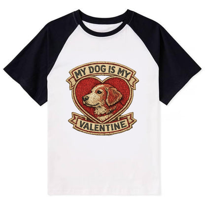MY DOG IS MY VALENTINE - heart with dog in red , single pet owner - Contrast Raglan T-shirt - Black