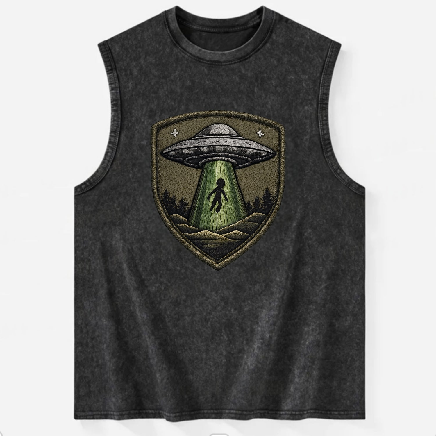 UFO ALIEN - flying saucer with beam in silver and green , extraterrestrial - Vintage Washed Tank - Black