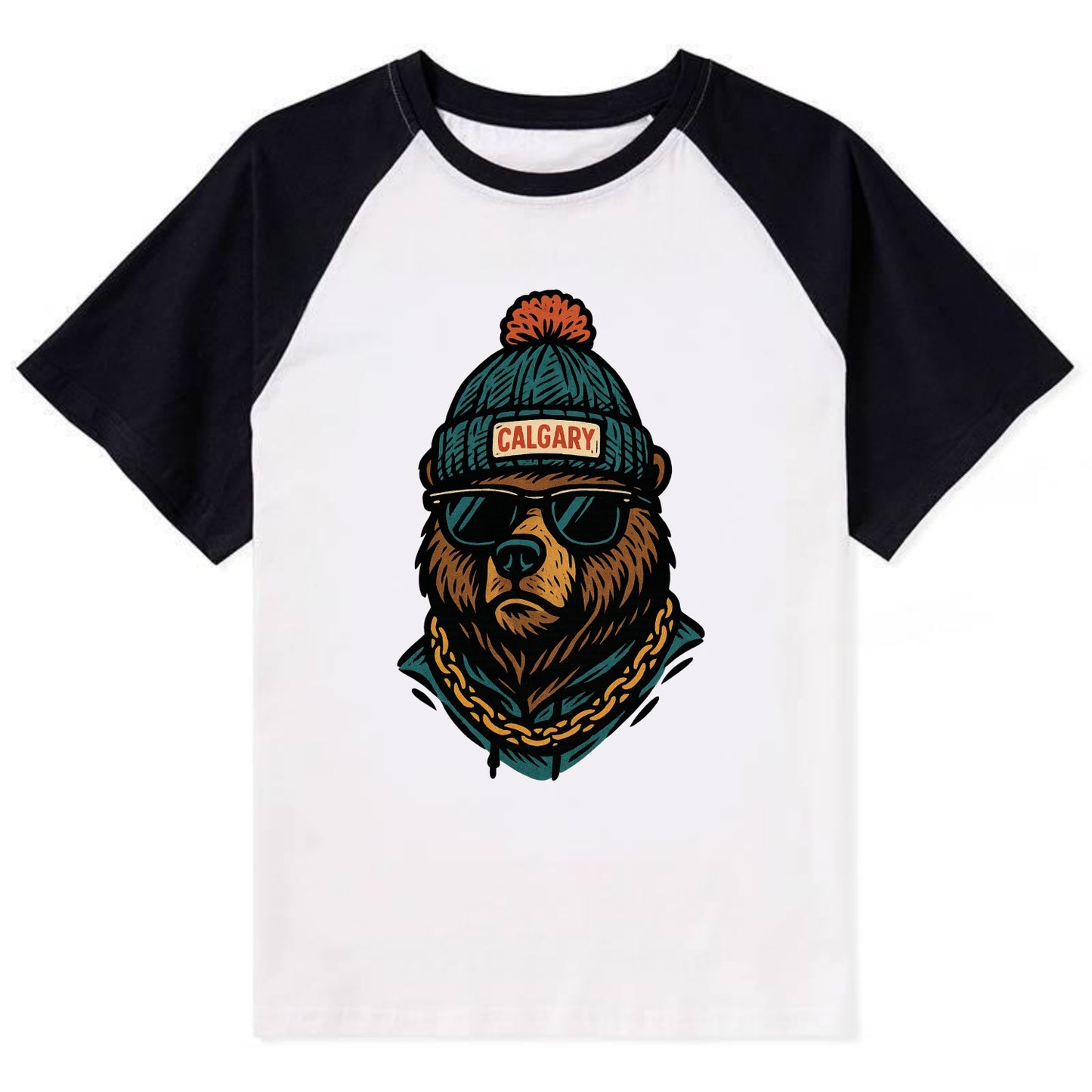 Calgary Grizzly Bear wearing Calgary beanie with pom pom and wayfarer - Contrast Raglan T-shirt - Black
