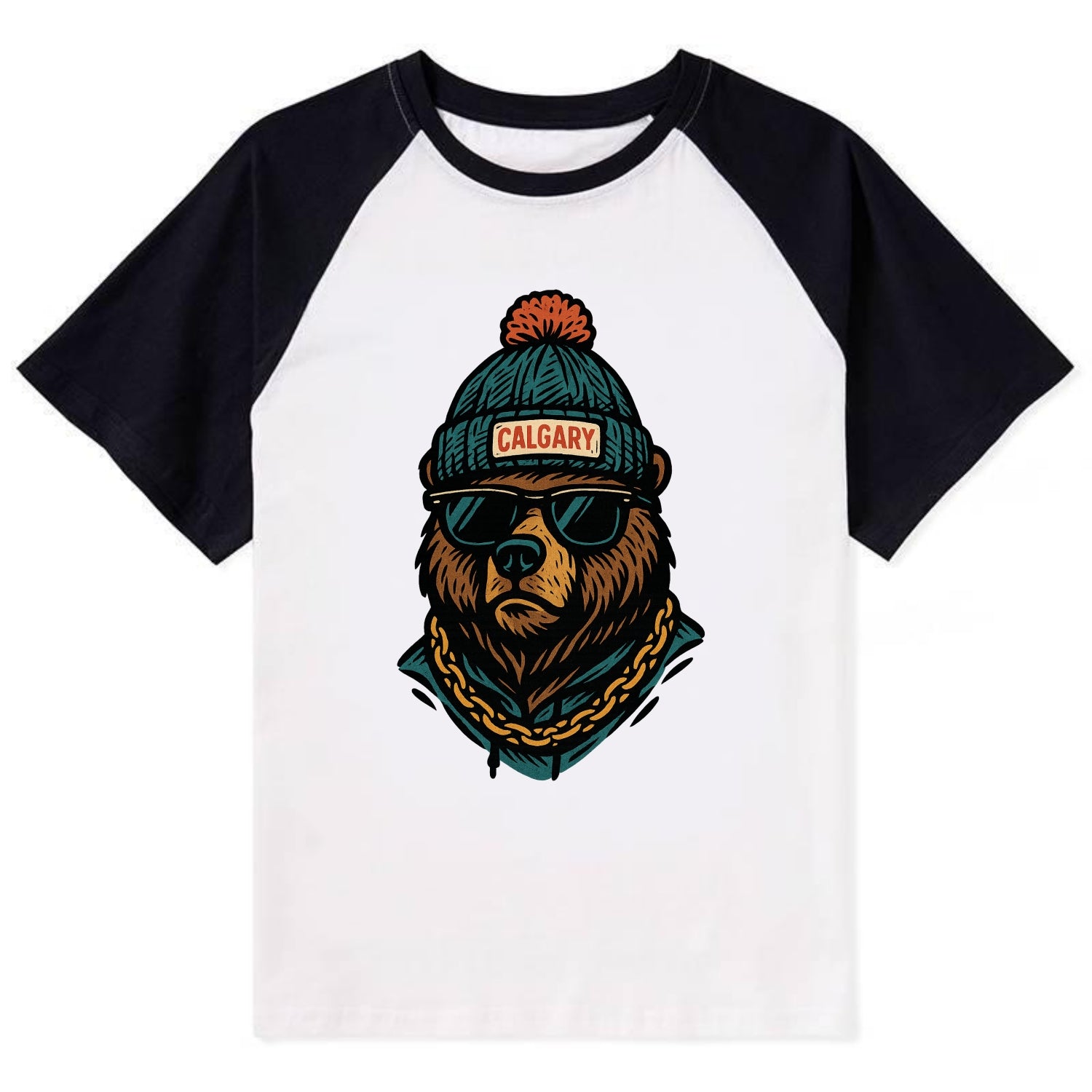 Calgary Grizzly Bear wearing Calgary beanie with pom pom and wayfarer - Contrast Raglan T-shirt - Black