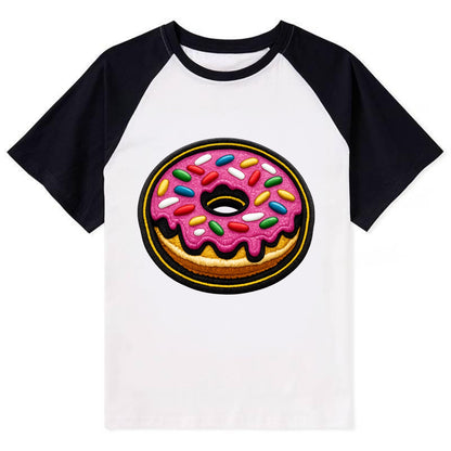 DONUT SPRINKLES - glazed donut with sprinkles in pink and rainbow , sweet - Contrast Raglan T-shirt - Black