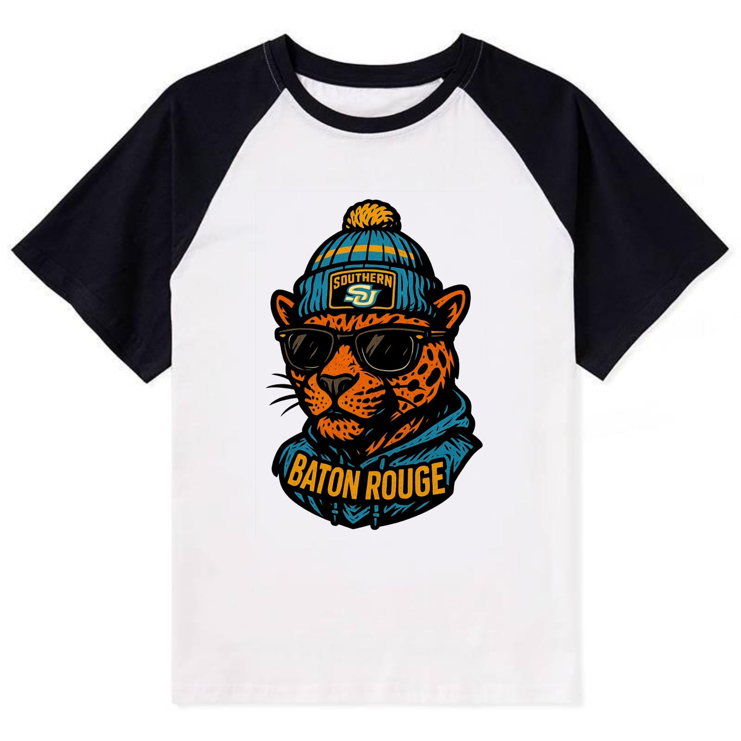 Baton Rouge Jaguar wearing Southern beanie with SU patch - Contrast Raglan T-shirt - Black