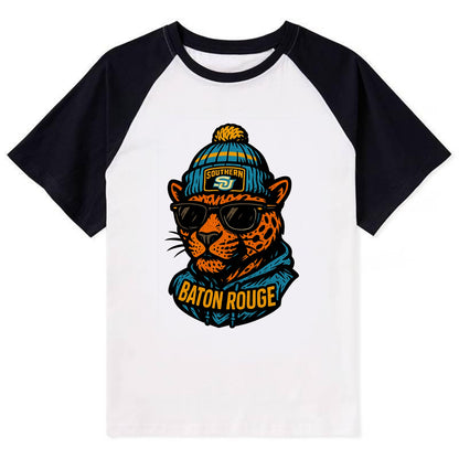 Baton Rouge Jaguar wearing Southern beanie with SU patch - Contrast Raglan T-shirt - Black