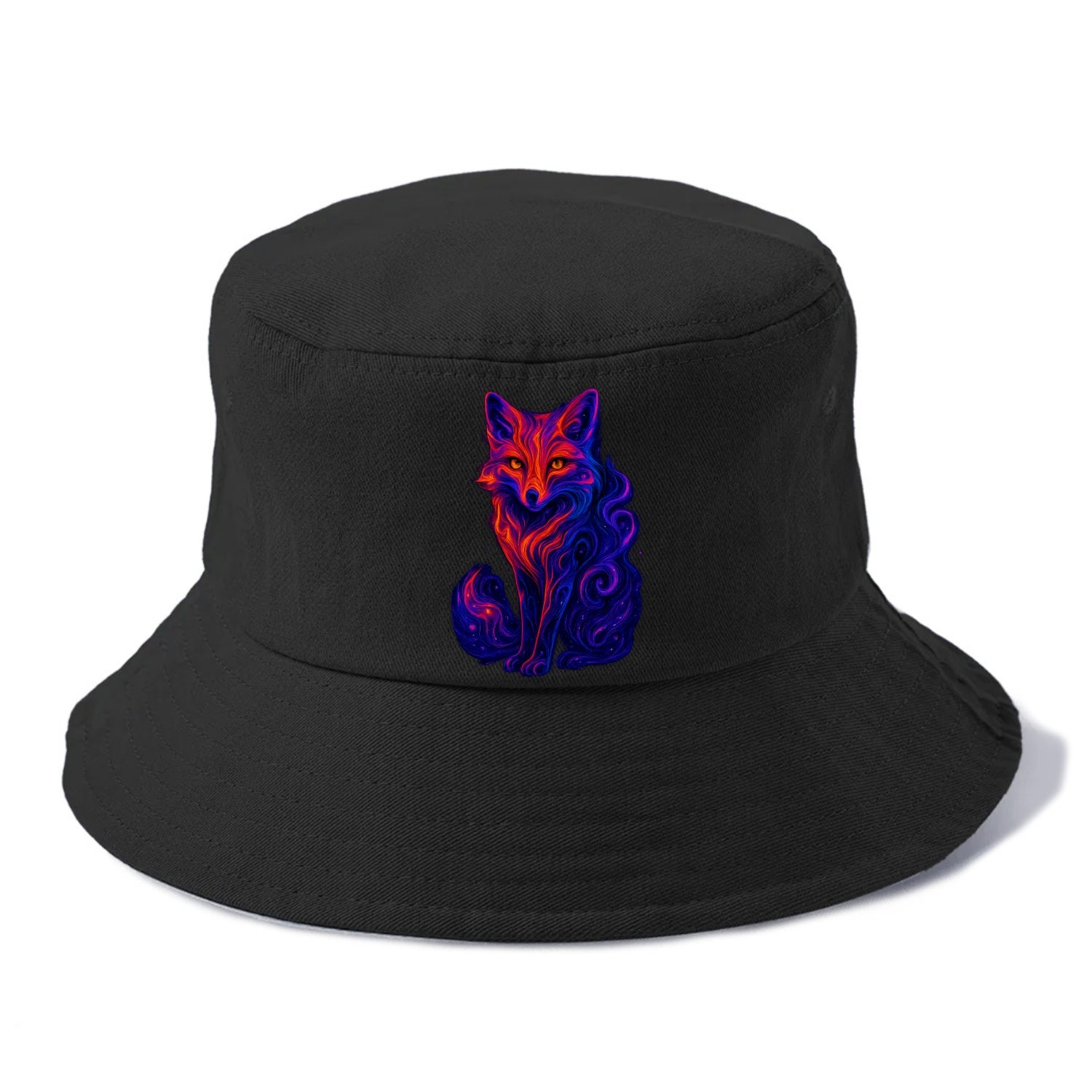 Clever fox with tail dissolving into cosmic nebula swirls, orange to purple gradient - Bucket Hat - Black