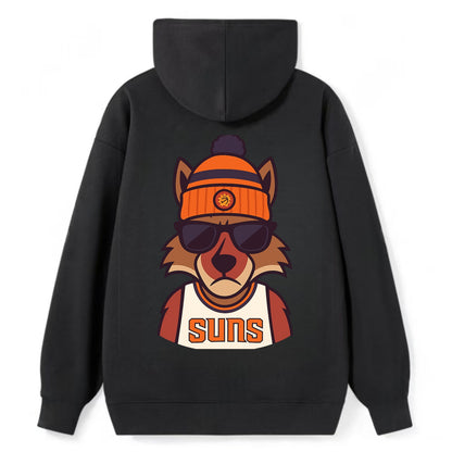 Arizona Coyote wearing Suns beanie with desert sun patch and wayfarer - Classic Pullover Hoodie - Black