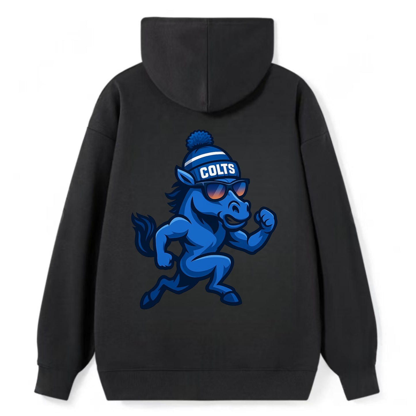 Indianapolis Colt Horse wearing Colts blue and white beanie with pom pom - Classic Pullover Hoodie - Black