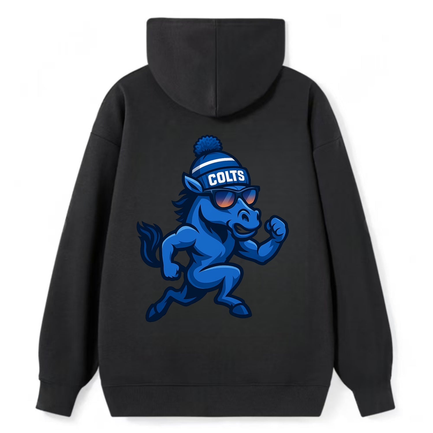 Indianapolis Colt Horse wearing Colts blue and white beanie with pom pom - Classic Pullover Hoodie - Black