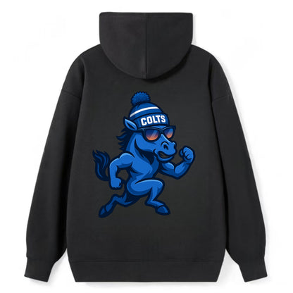 Indianapolis Colt Horse wearing Colts blue and white beanie with pom pom - Classic Pullover Hoodie - Black