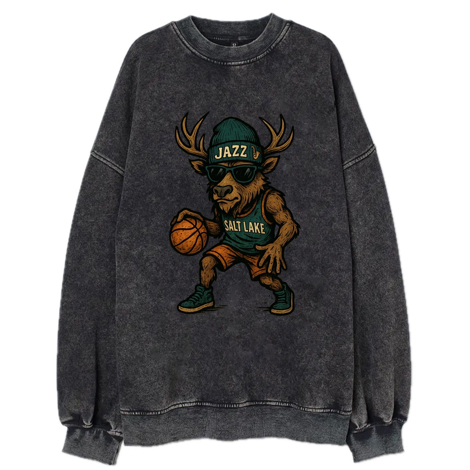 Salt Lake Elk wearing Jazz beanie with saxophone patch and wayfarer sunglasses - Vintage Sweatshirt - Black