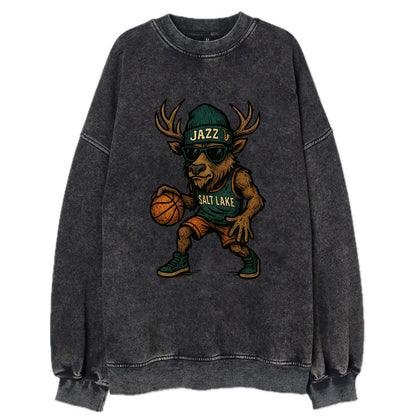 Salt Lake Elk wearing Jazz beanie with saxophone patch and wayfarer sunglasses - Vintage Sweatshirt - Black