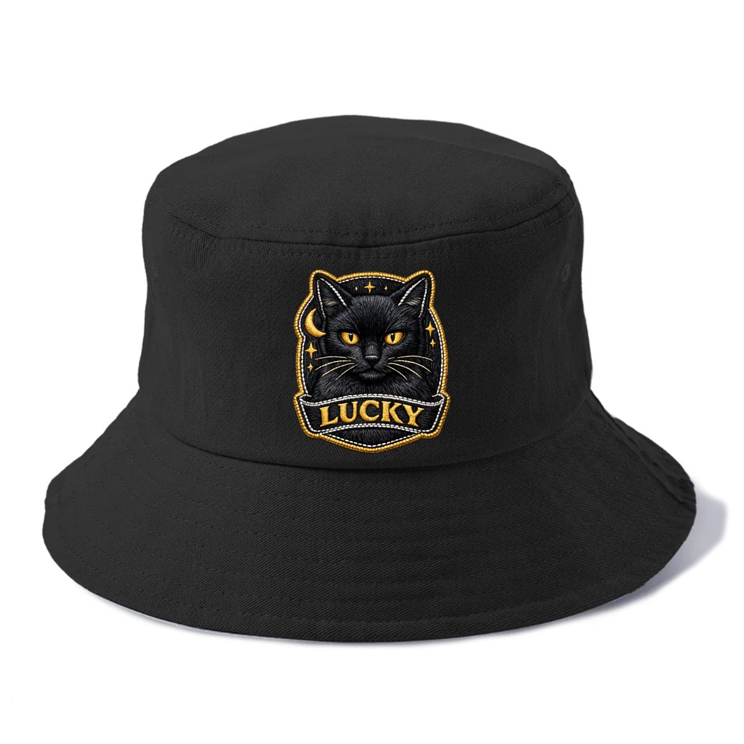 BLACK CAT LUCKY - sleek black cat with gold eyes in black , mysterious feline - Bucket Hat - Black