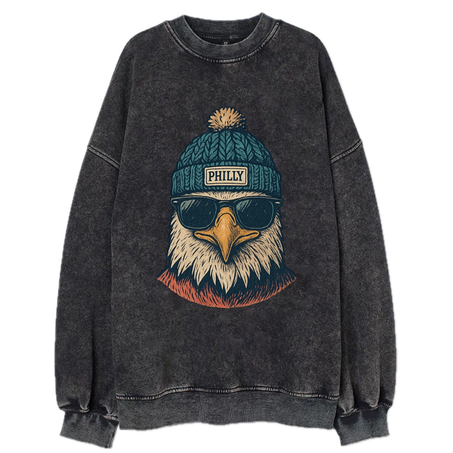 Philadelphia Eagle wearing Philly beanie with pom pom and wayfarer sunglasses - Vintage Sweatshirt - Black