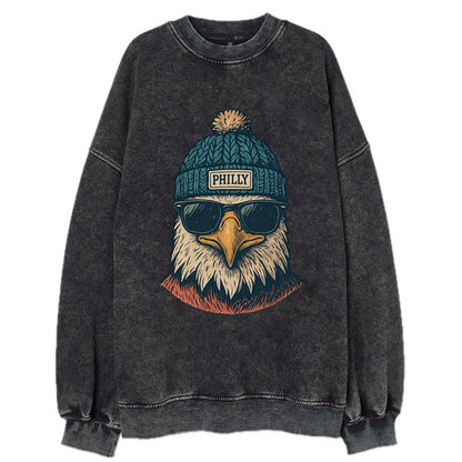 Philadelphia Eagle wearing Philly beanie with pom pom and wayfarer sunglasses - Vintage Sweatshirt - Black