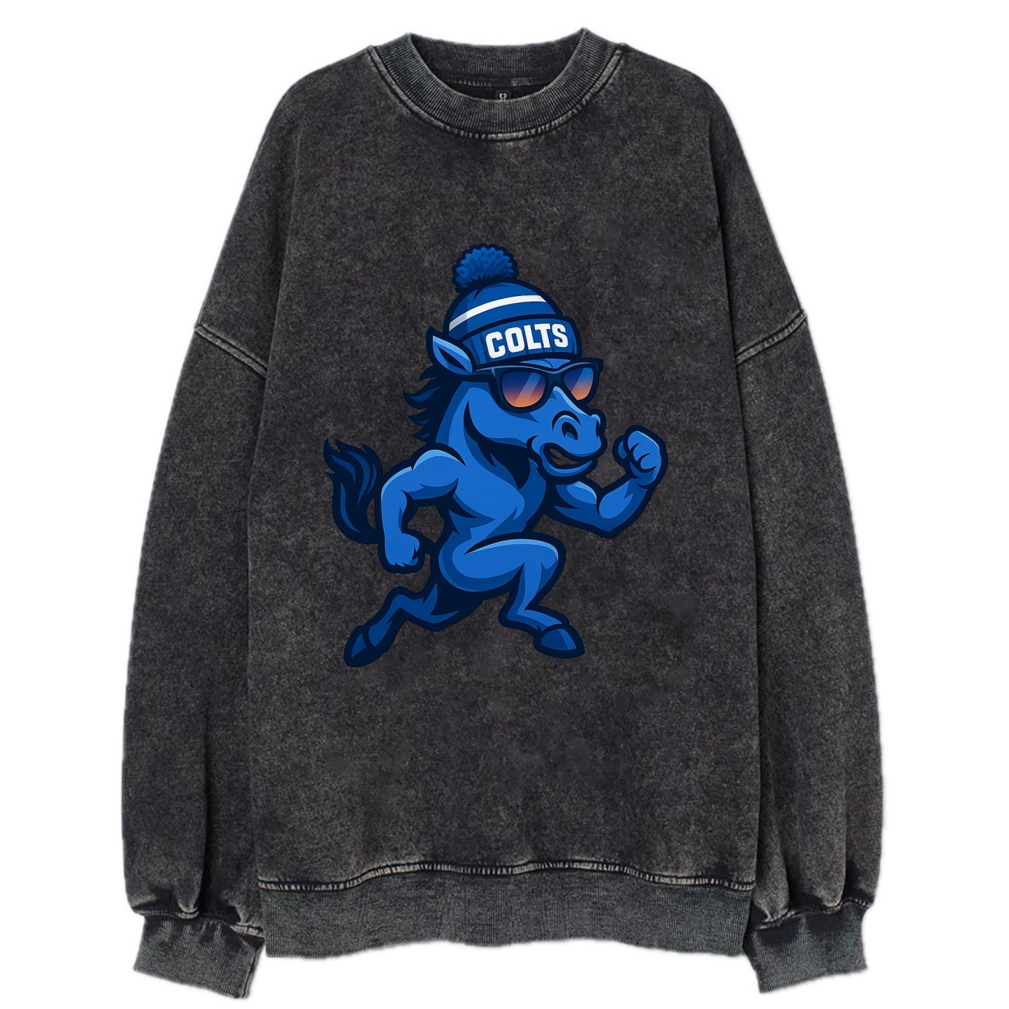 Indianapolis Colt Horse wearing Colts blue and white beanie with pom pom and - Vintage Sweatshirt - Black