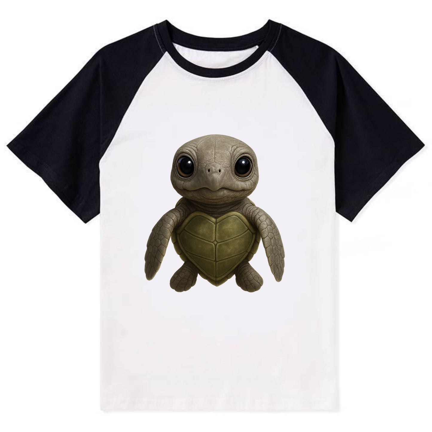 Baby Olive Ridley Turtle - olive green shell, heart-shaped carapace, - Contrast Raglan T-shirt - Black