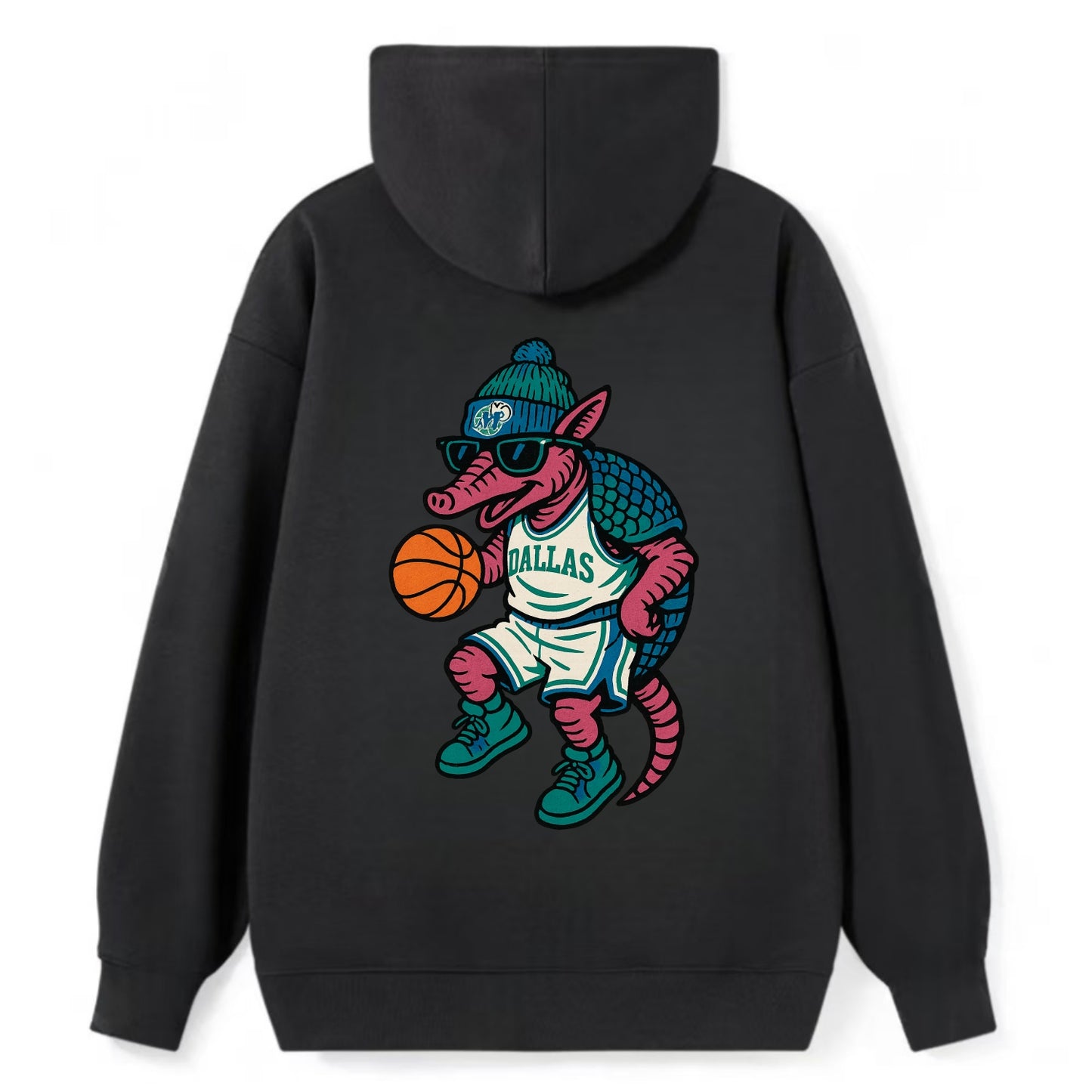 Dallas Armadillo wearing Mavericks beanie with cowboy hat patch and - Classic Pullover Hoodie - Black