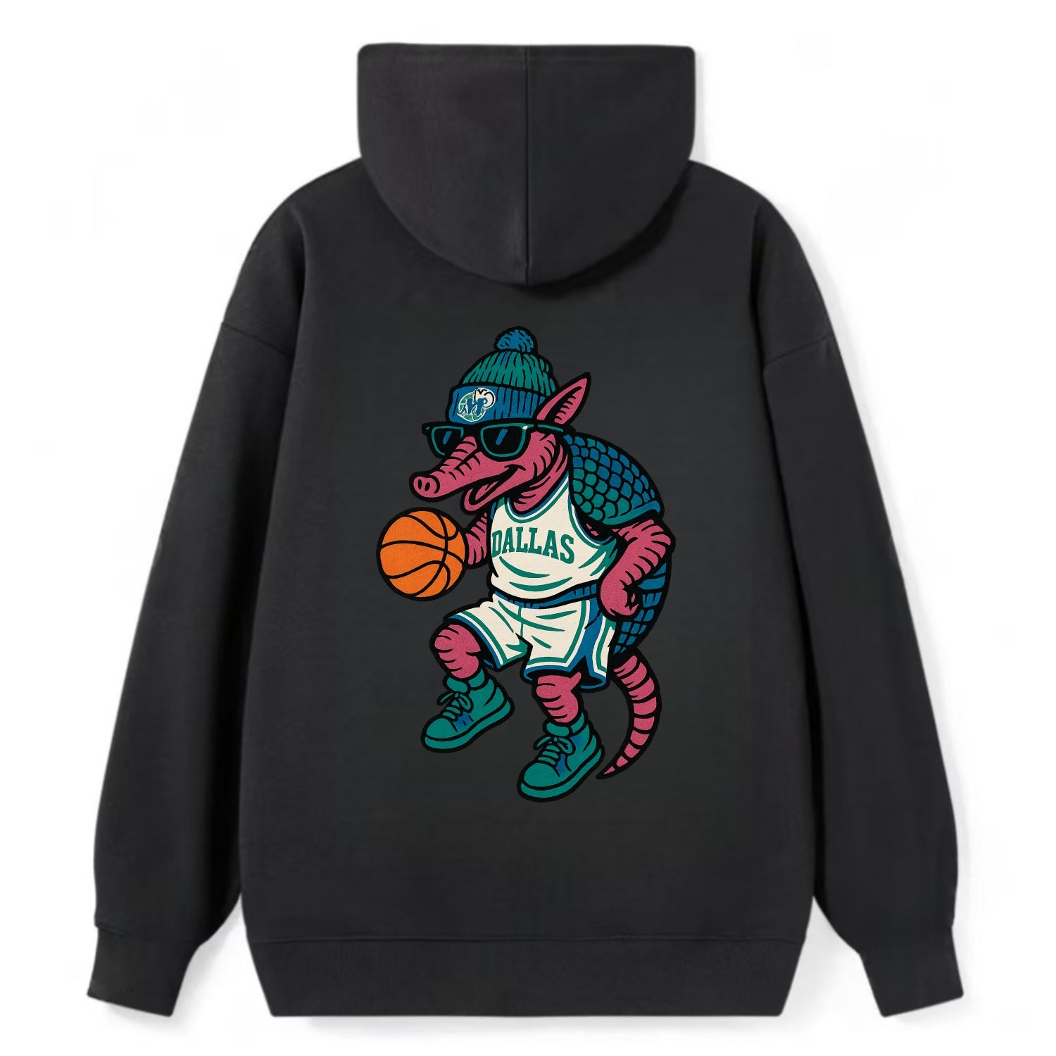 Dallas Armadillo wearing Mavericks beanie with cowboy hat patch and - Classic Pullover Hoodie - Black