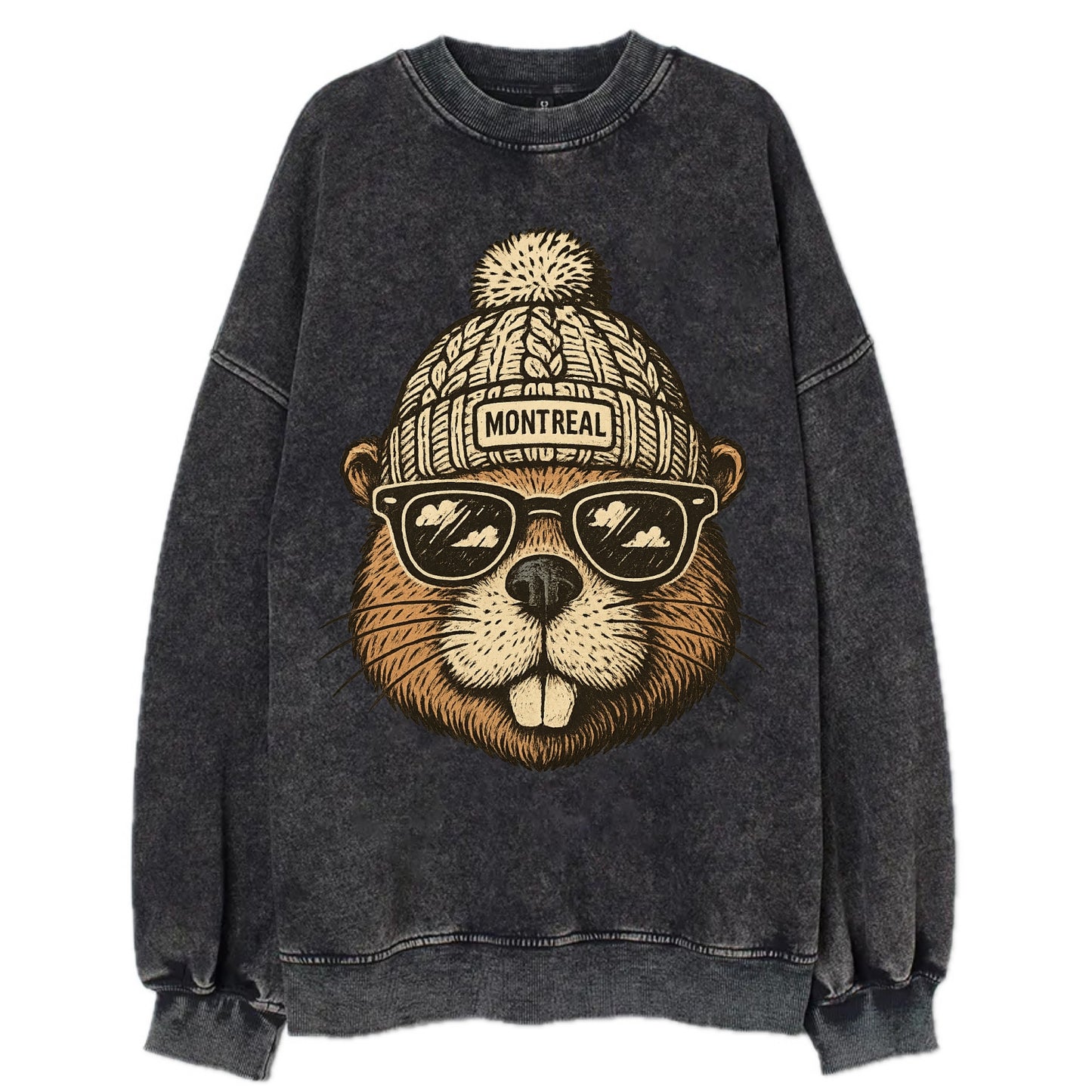 Montreal Beaver wearing Montreal beanie - Vintage Sweatshirt - Black