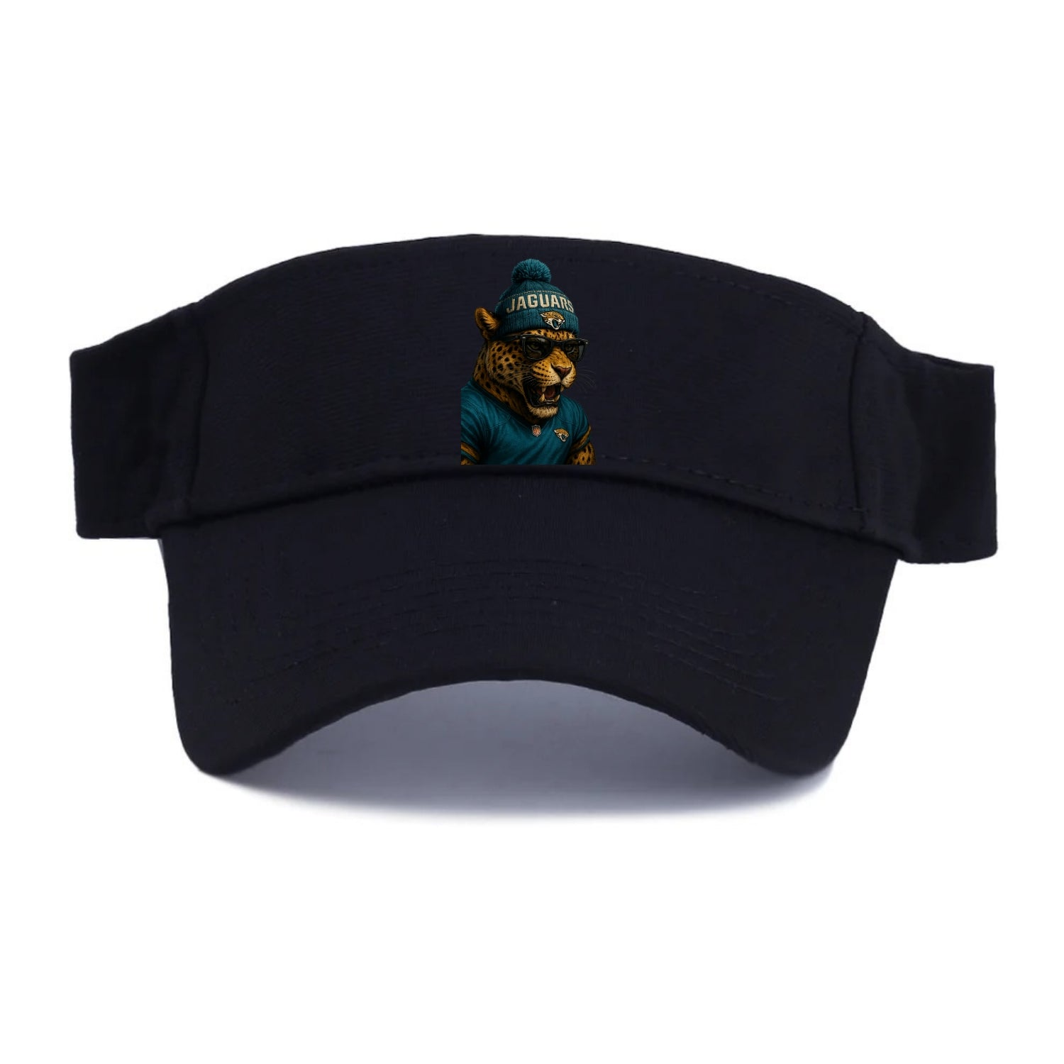 Jacksonville Jaguar wearing Jaguars teal and gold beanie with pom pom and wayfarer - Visor - Black