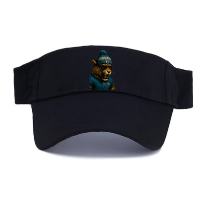 Jacksonville Jaguar wearing Jaguars teal and gold beanie with pom pom and wayfarer - Visor - Black