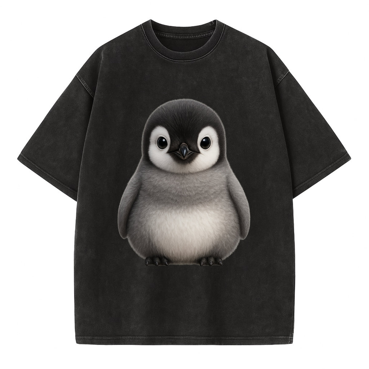 Baby Adelie Penguin - black and white, round body, curious eyes, front-facing, - Vintage T-shirt - Black