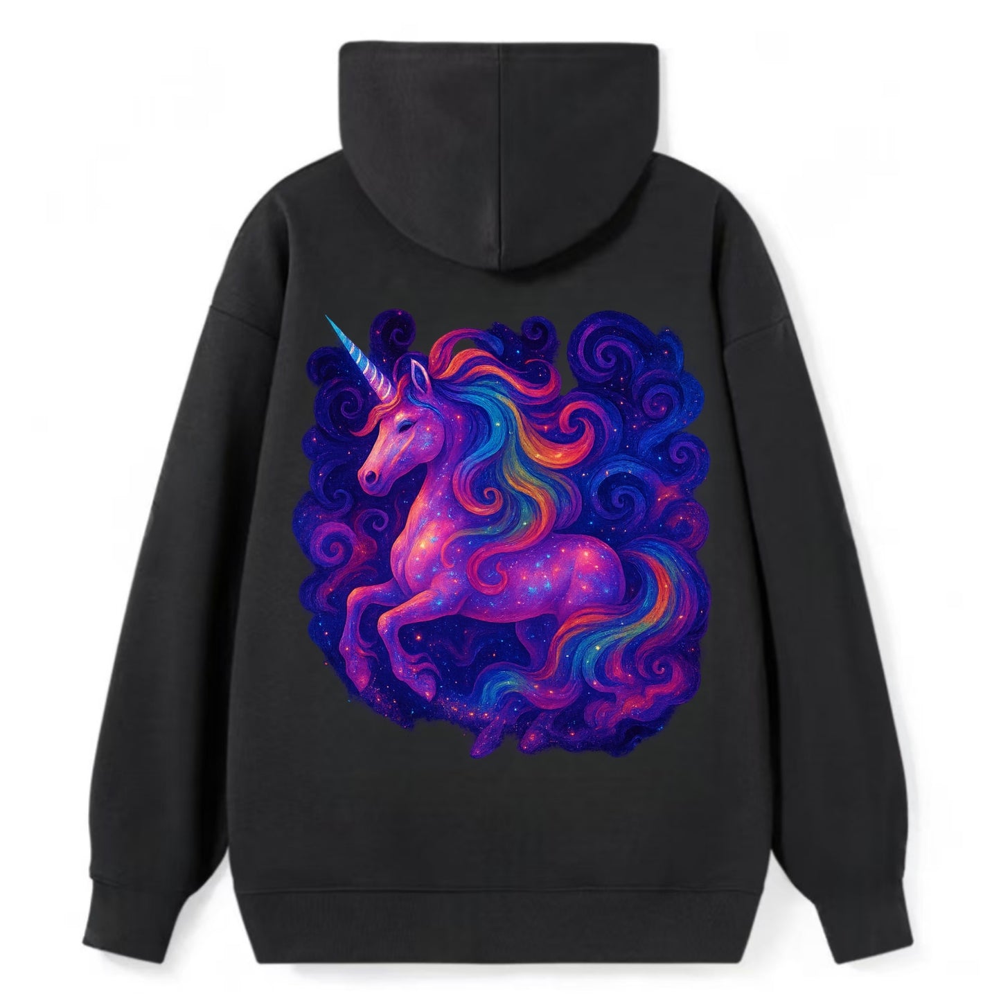 Magical unicorn with flowing rainbow gradient mane, iridescent horn with - Classic Pullover Hoodie - Black