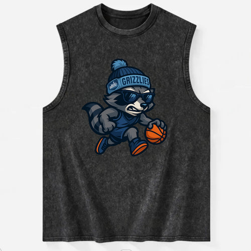 Memphis Raccoon wearing Grizzlies beanie with riverboat patch and wayfarer - Vintage Washed Tank