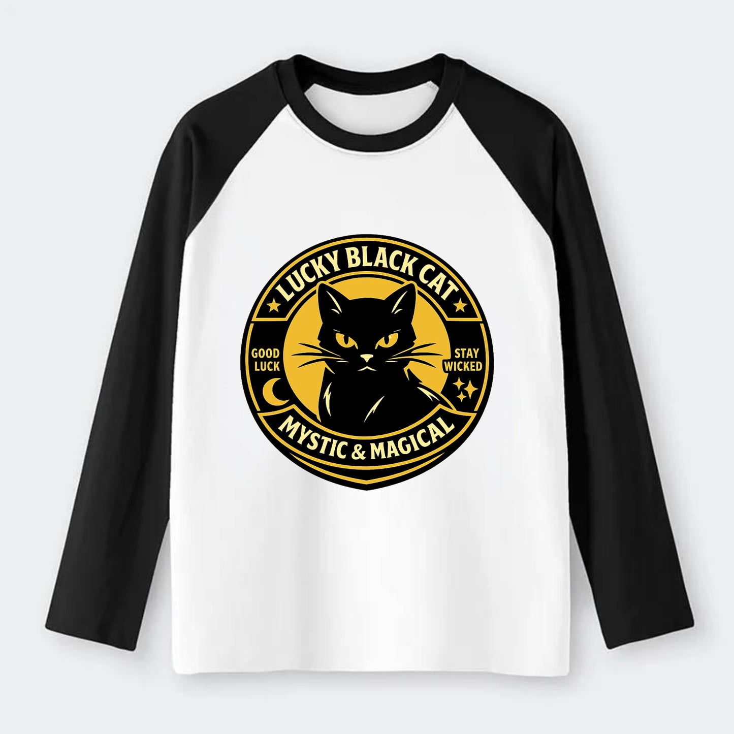 Mystic Feline Emblem - Raglan Long Sleeve T-Shirt - Black