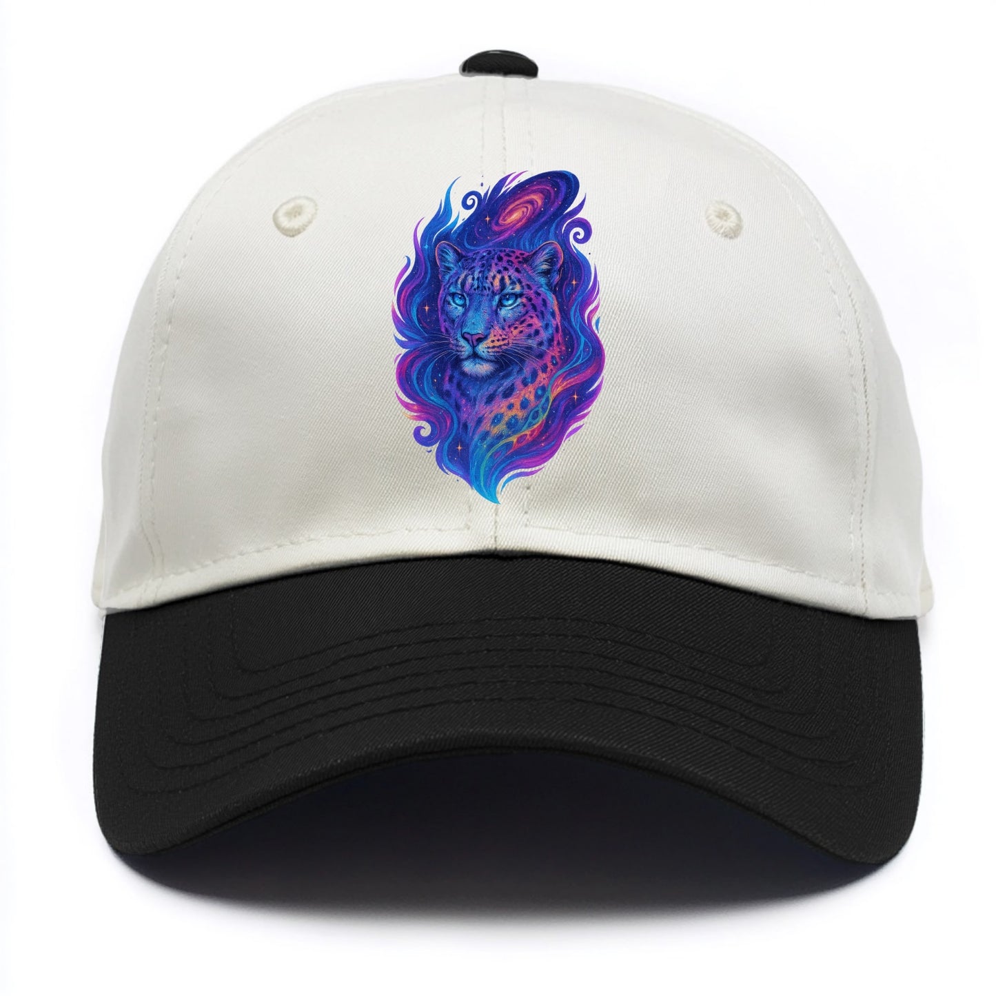 Majestic snow leopard with rainbow gradient spots, crystalline flowing patterns, - Two Tone Cap - Black