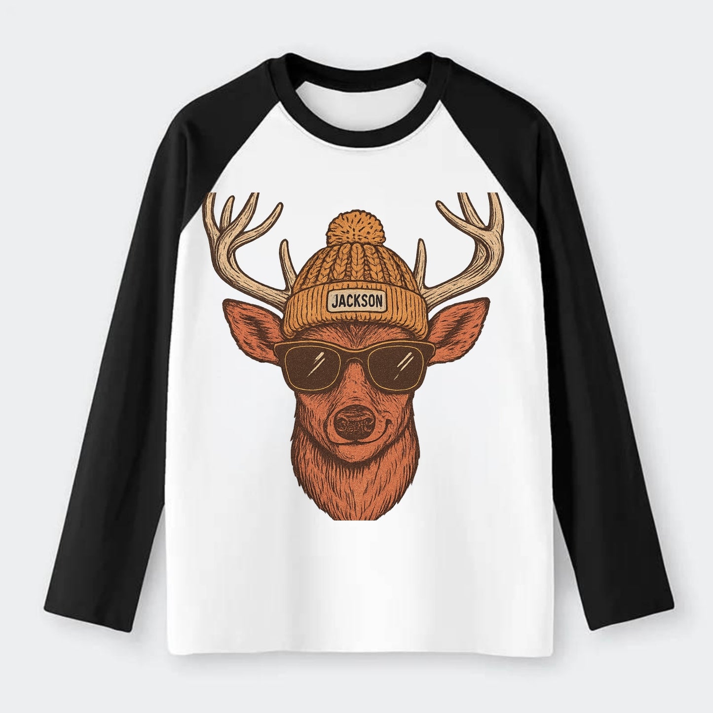 Mississippi White-tailed Deer wearing Jackson beanie with pom pom and - Raglan Long Sleeve T-Shirt - Black