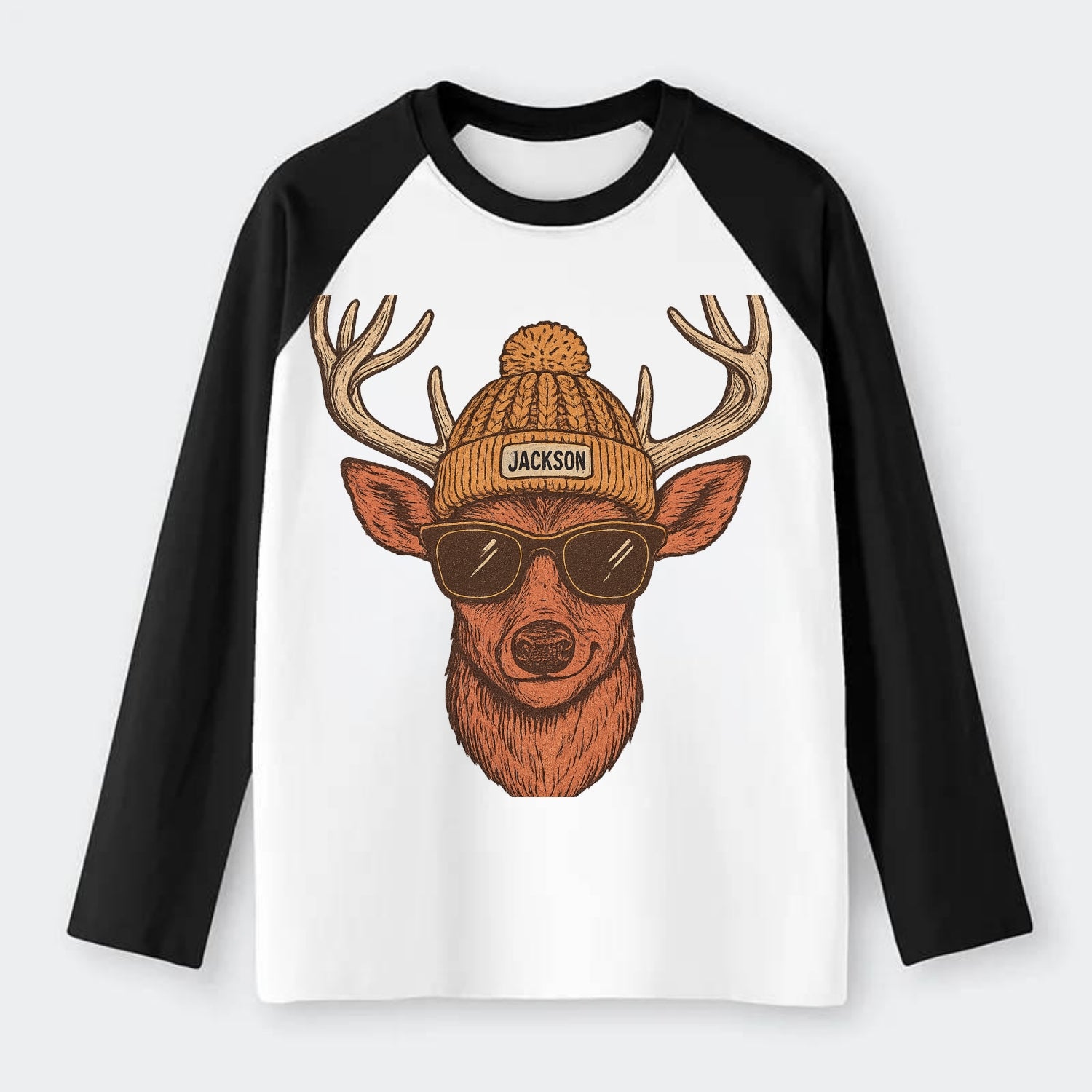 Mississippi White-tailed Deer wearing Jackson beanie with pom pom and - Raglan Long Sleeve T-Shirt - Black